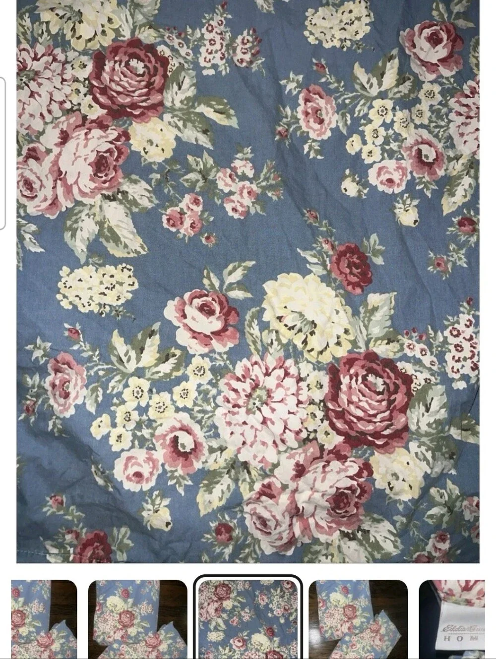 Vintage Eddie Bauer Shabby Chic Blue Floral Bedding Set with Pink & Cream Roses